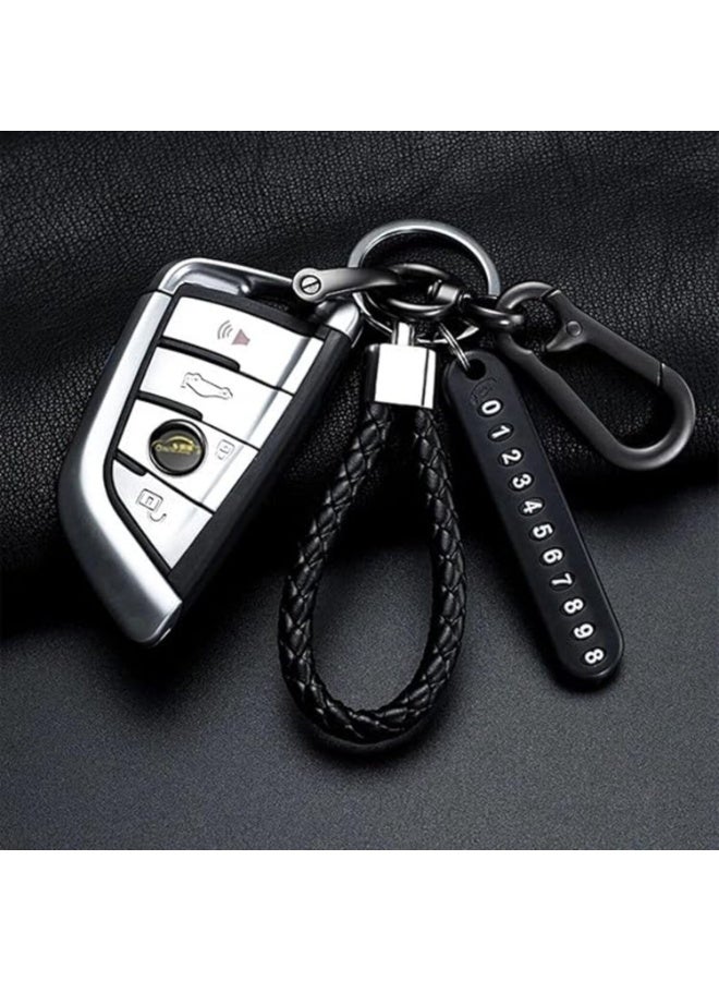 LYNLYN Woven Leather Car Keychain with Phone Number Tag, Anti-Lost Keyring, Heavy Duty Car Key Fob with Lock and Car Accessories - Image 2